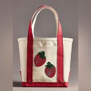 Anthropologie Beaded Strawberry Canvas Tote